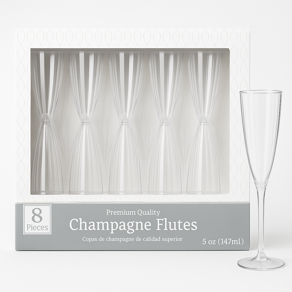 Clear Plastic Champagne Flutes, 5 oz, Pack of 8