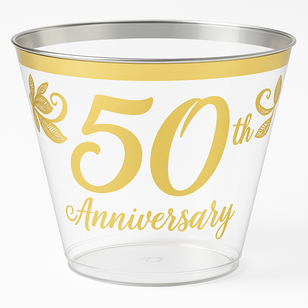 Elegant 50th Anniversary Plastic Tumblers, 9 oz, Clear/Gold, 30-Pack
