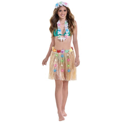 Adult Light-Up Grass Hula Skirt with Floral Trim