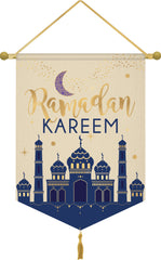 "Ramadan Kareem" Metallic Gold and Blue Canvas Hanging Sign