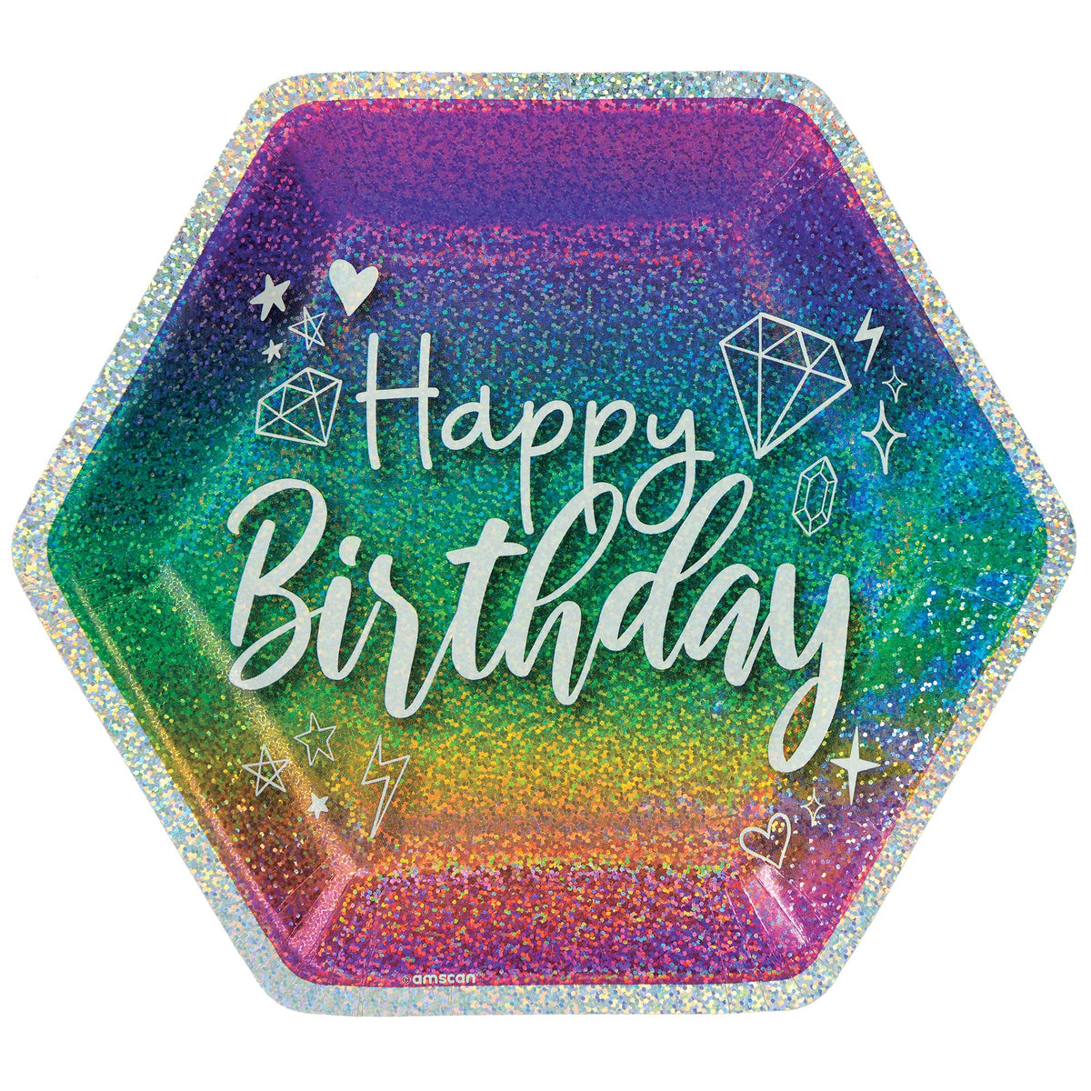 Prismatic Sparkle Hexagon "Happy Birthday" Paper Plates - 9-Inch (8-Pack)