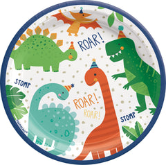 Little Gym - Dino-Mite "Roar" Round Paper Disposable Dessert Plates, Green/White, 7 In. for Birthday Party - 8 Ct.