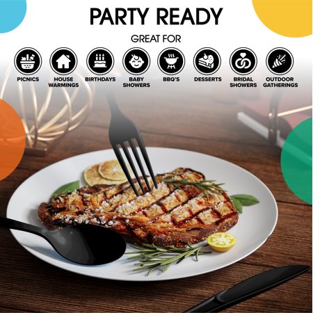 PMA - Black Cutlery Combo Set | 50 Forks, 50 Spoons, and 50 Knives