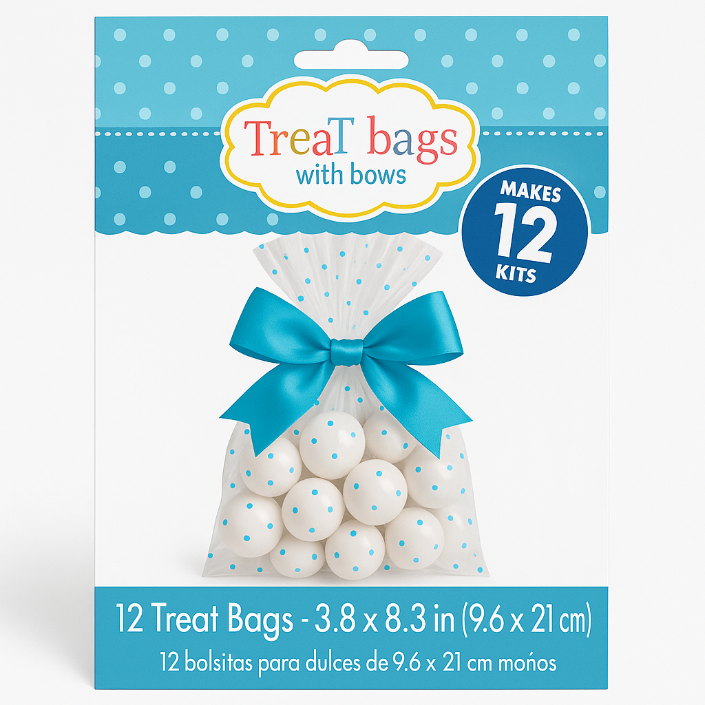 Blue Polka Dot Treat Bags with Bow - 12 Pack