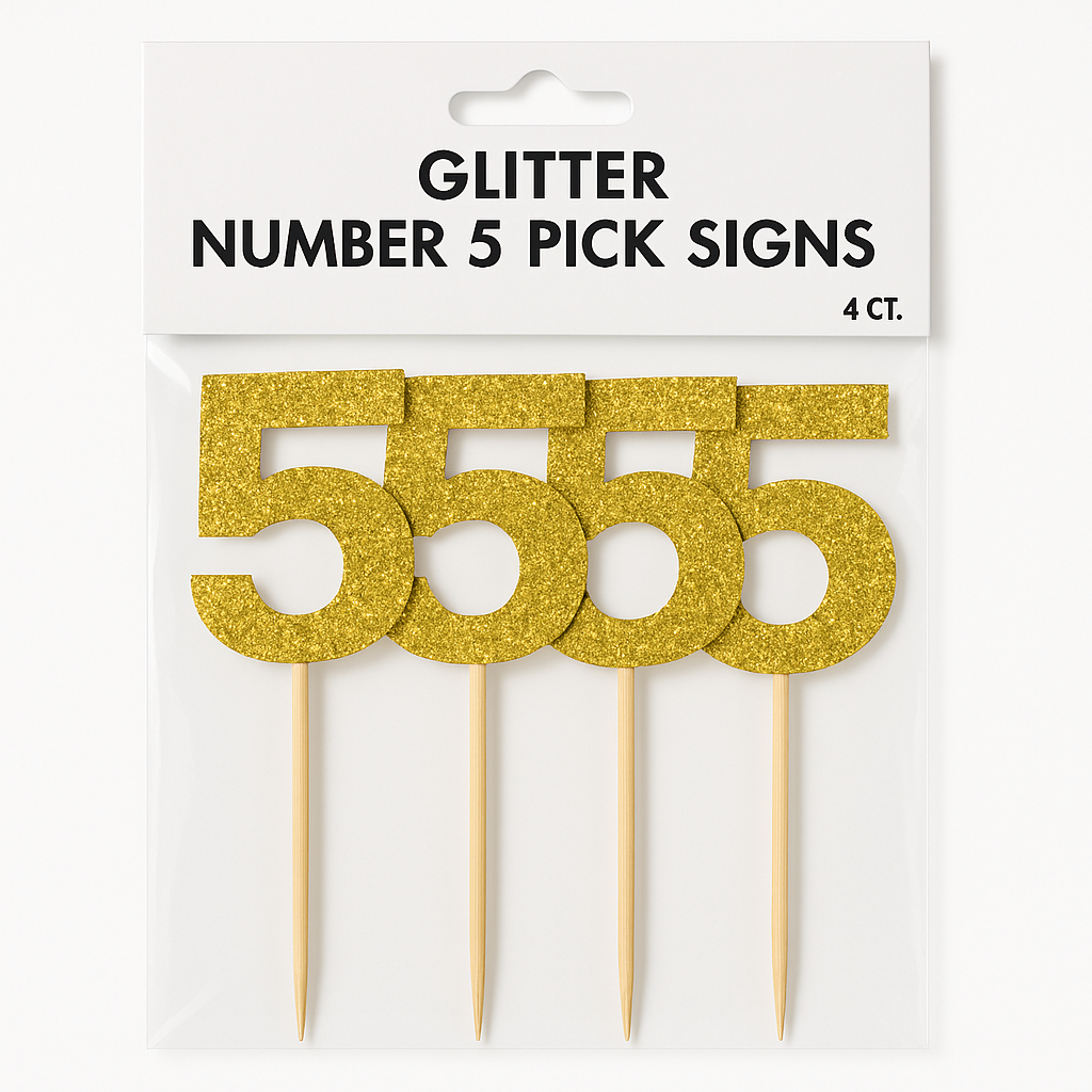 Glitter Gold Number 5 Cake Topper Picks, 7.5-Inch, 4-Pack