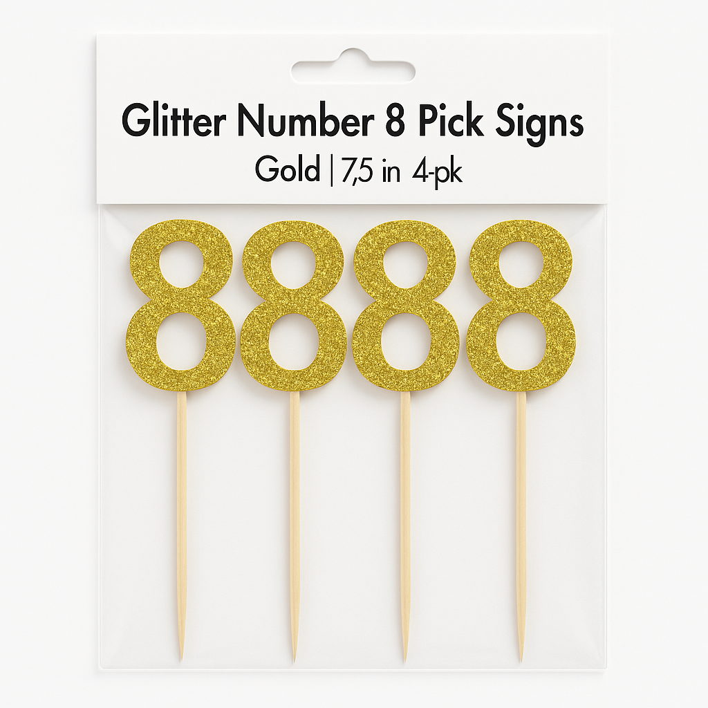 Glitter Gold Number 8 Cake Picks, 7-Inch, 4-Pack