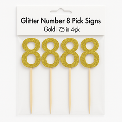 Glitter Gold Number 8 Cake Picks, 7-Inch, 4-Pack