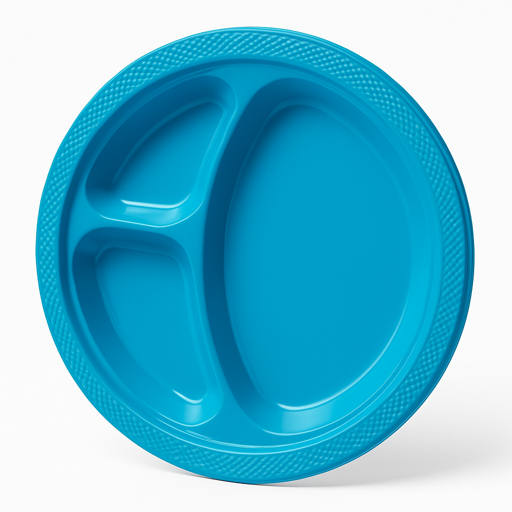 Caribbean Blue Divided Plastic Dinner Plates - 20 Count