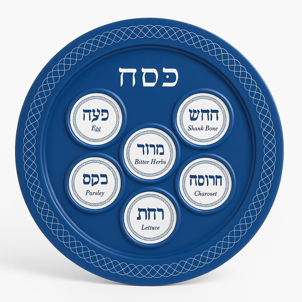 Blue Melamine Seder Passover Plate with Hebrew and English Labels
