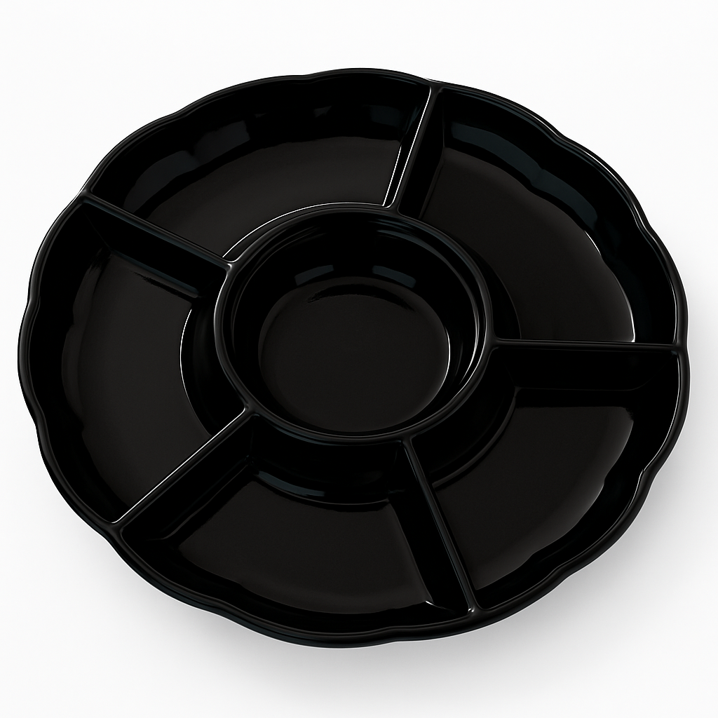 Black Scalloped 16" Plastic Chip and Dip Compartment Tray