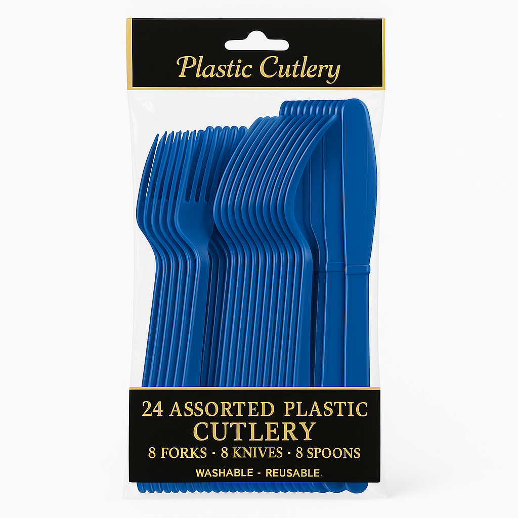Royal Blue Assorted Plastic Cutlery Set - 24 Pieces