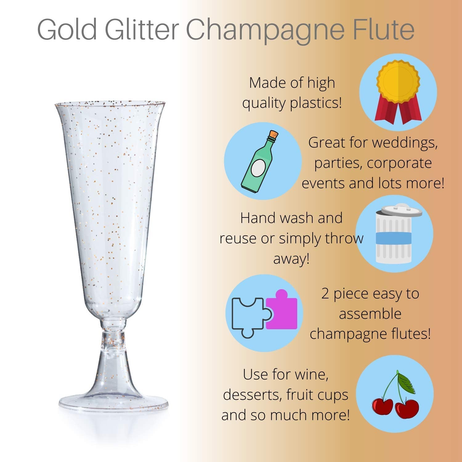 5 Oz. Gold Sparkle Plastic Flute Glasses | 144 Qty