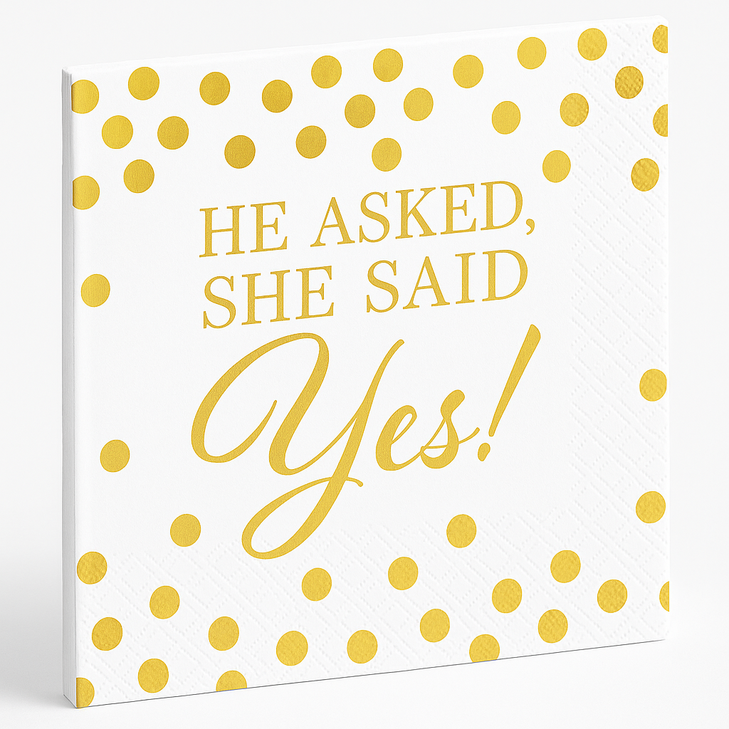 "He Asked, She Said Yes!" Gold Beverage Napkins - 16 Pack - 5 In. X 5 In.