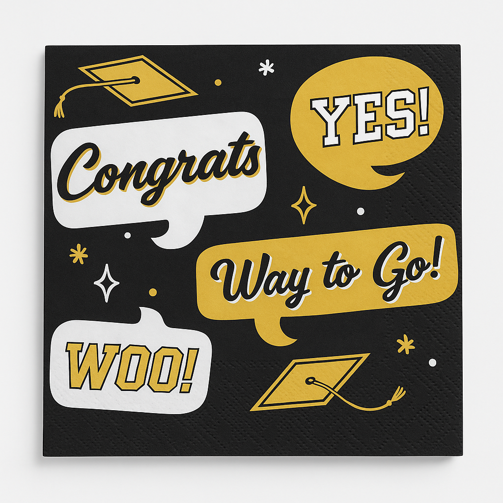 "Congrats Way to Go" Graduation Beverage Napkins - 16 Pack, Black/Gold