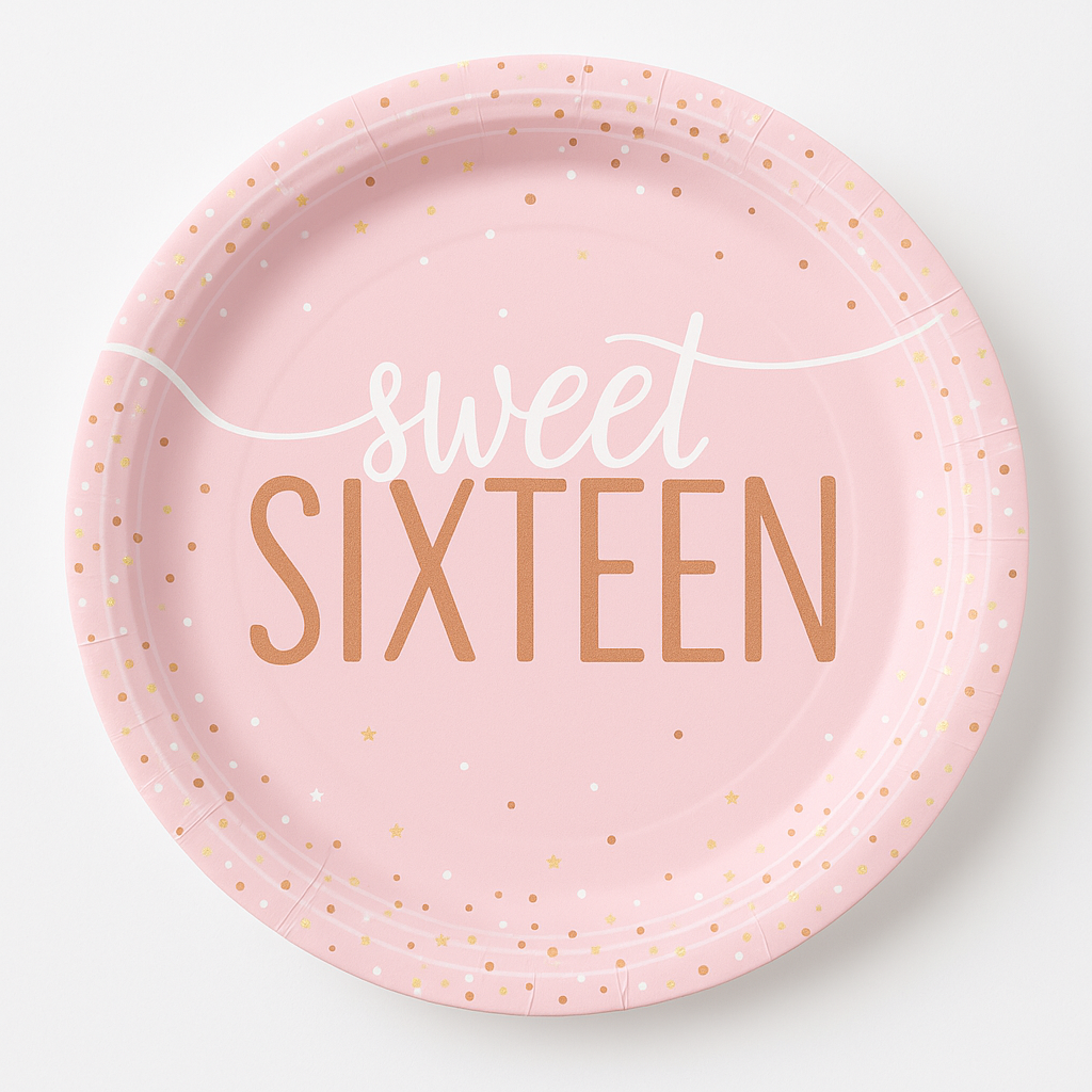 Sweet Sixteen Pink and Rose Gold Dessert Plates, 7-Inch, 8-Pack