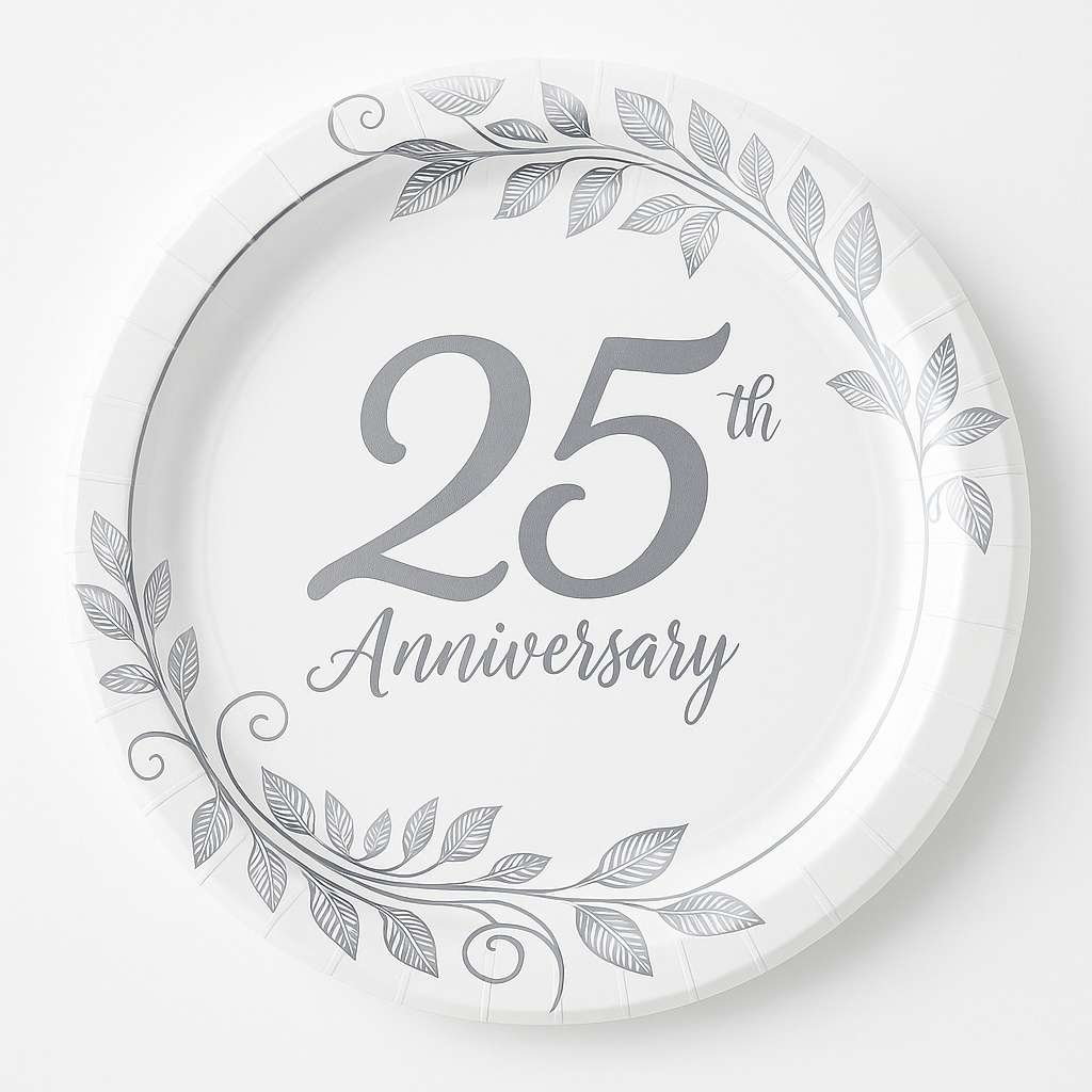 Elegant 25th Anniversary Metallic Paper Plates - 7" Round, Pack of 8