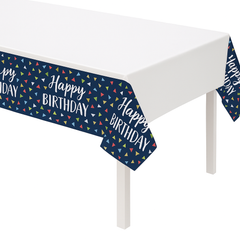 "Happy Birthday" Navy Plastic Table Cover - 54" x 102"