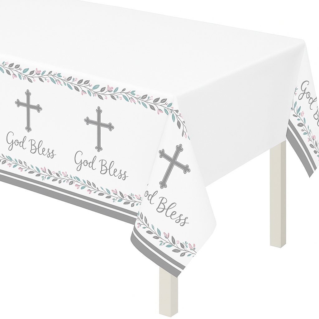 God Bless Holy Day Plastic Table Cover ‚Äì 54" x 102" Reusable Decoration
