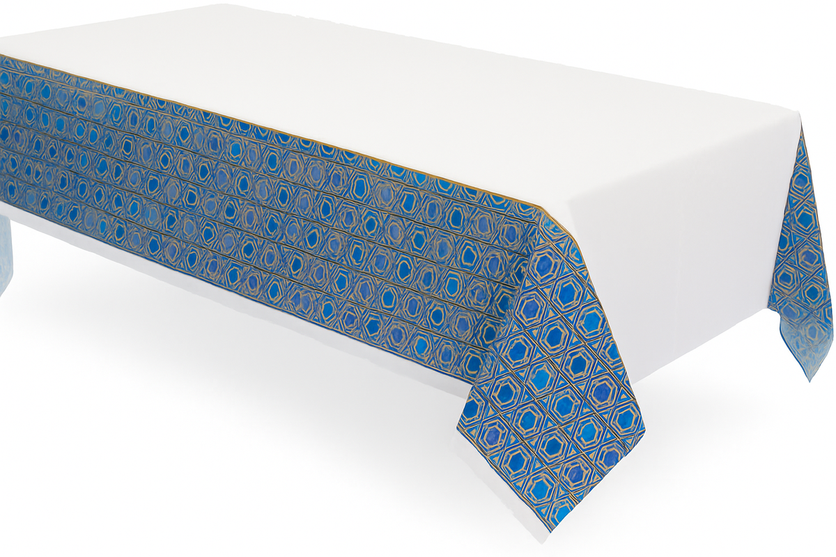 Festival of Lights Hanukkah Plastic Table Cover - Blue and White, 54x102 Inches