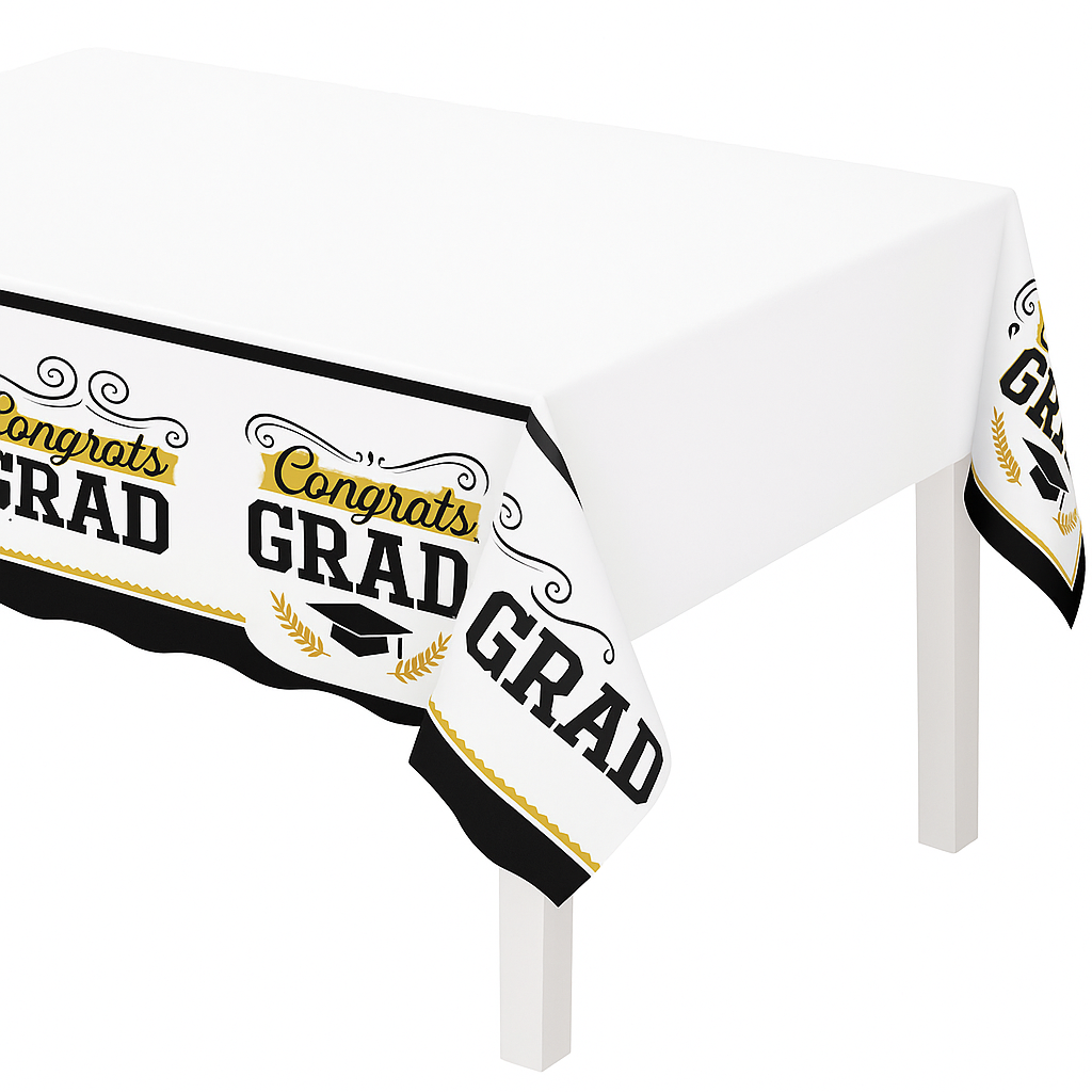 "Congrats Grad" Plastic Table Cover ‚Äì Black & Gold 54x84 inch for Graduation
