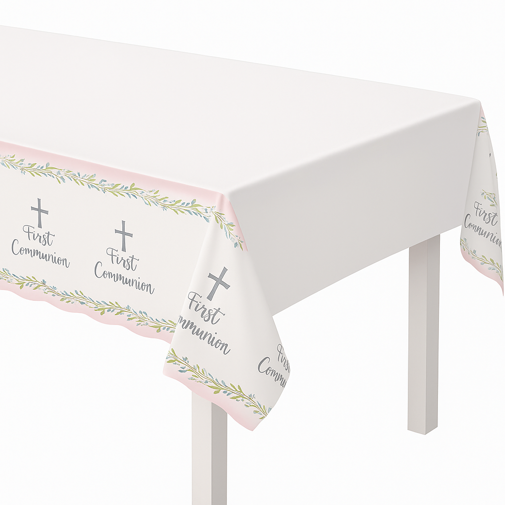 First Communion Pink and White Plastic Table Cover
