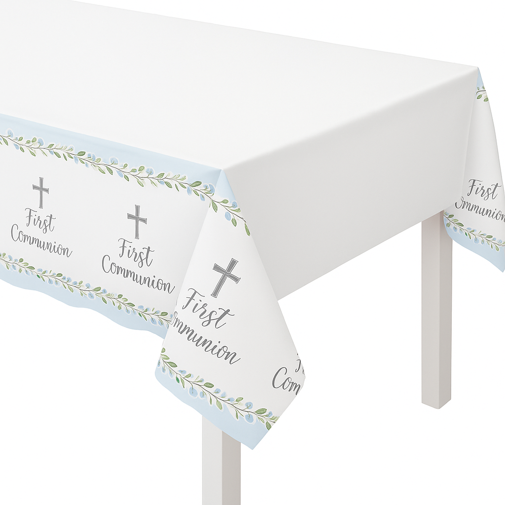 Sacraments First Communion Plastic Table Cover, Blue/White, 54x104-Inches