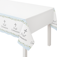 Sacraments First Communion Plastic Table Cover, Blue/White, 54x104-Inches