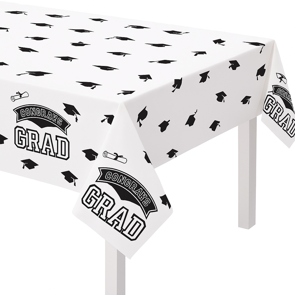 "Congrats Grad" Reusable Plastic Table Cover, Black/White, 54x84-in for Graduation