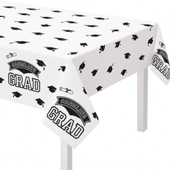 "Congrats Grad" Reusable Plastic Table Cover, Black/White, 54x84-in for Graduation
