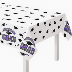 Purple "Congrats Grad" Plastic Table Cover - 54x84 in, Reusable Graduation Decor