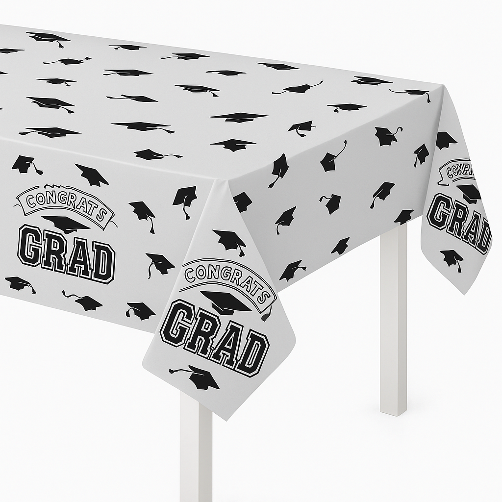 "Congrats Grad" Silver Plastic Table Cover ‚Äì Graduation Celebration