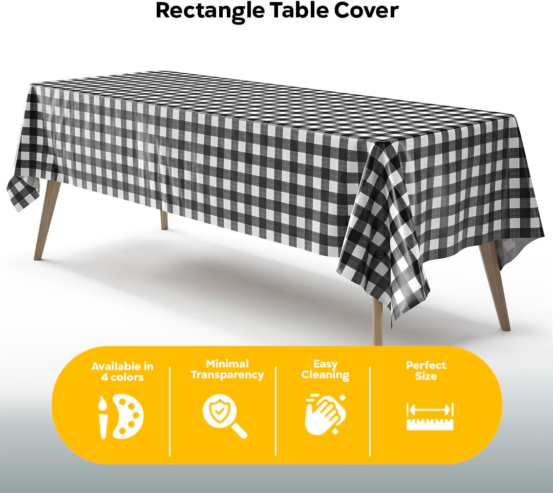 Black Gingham Plastic Table Cover - 54 In. x 108 In.