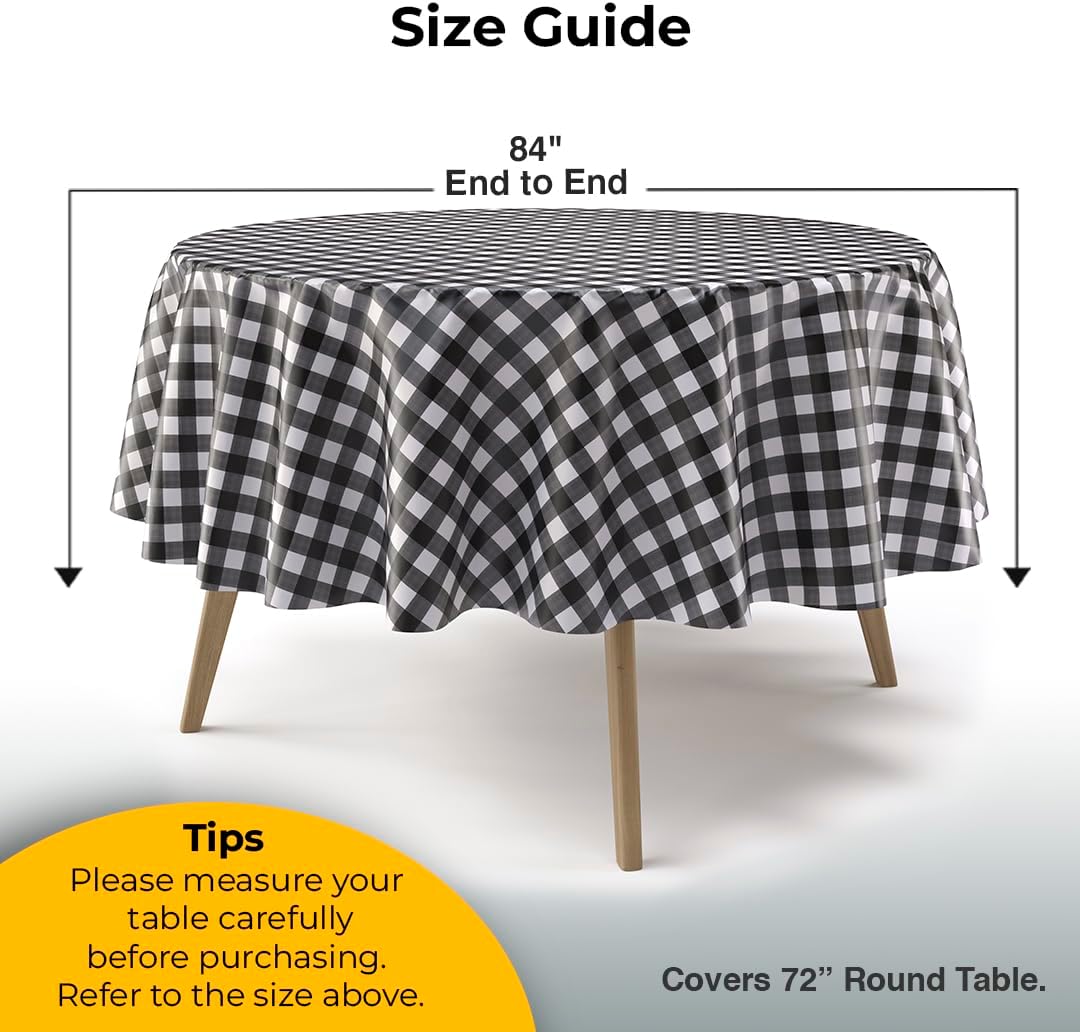 Round Black Gingham Plastic Table Cover - 84 in.