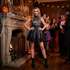 Women's Bad Angel Black Dress Halloween Costume with Halo