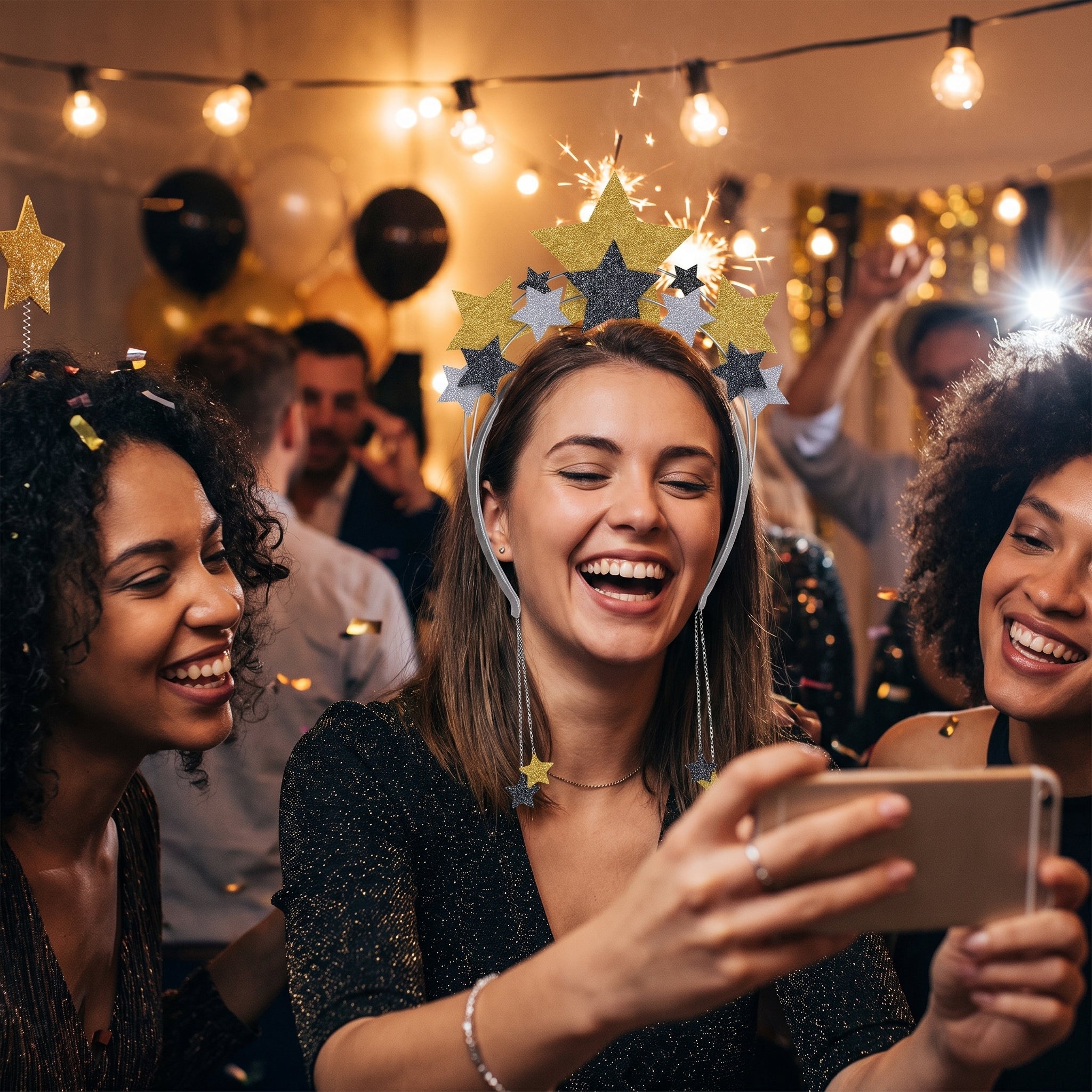 New Year's Eve Dangling Star Headband - Black, Silver & Gold