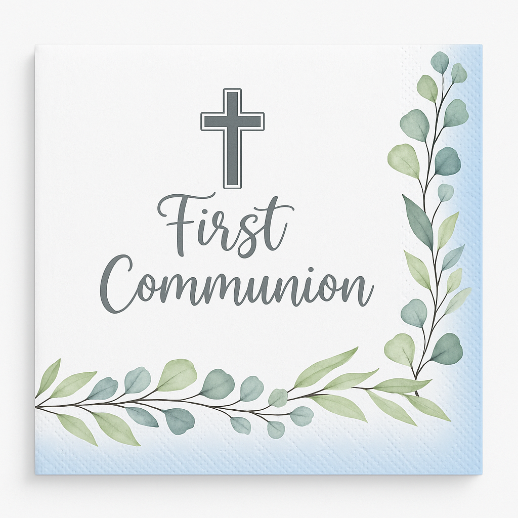 First Communion Beverage Napkins - Blue & White with Silver Cross, 40-Pack