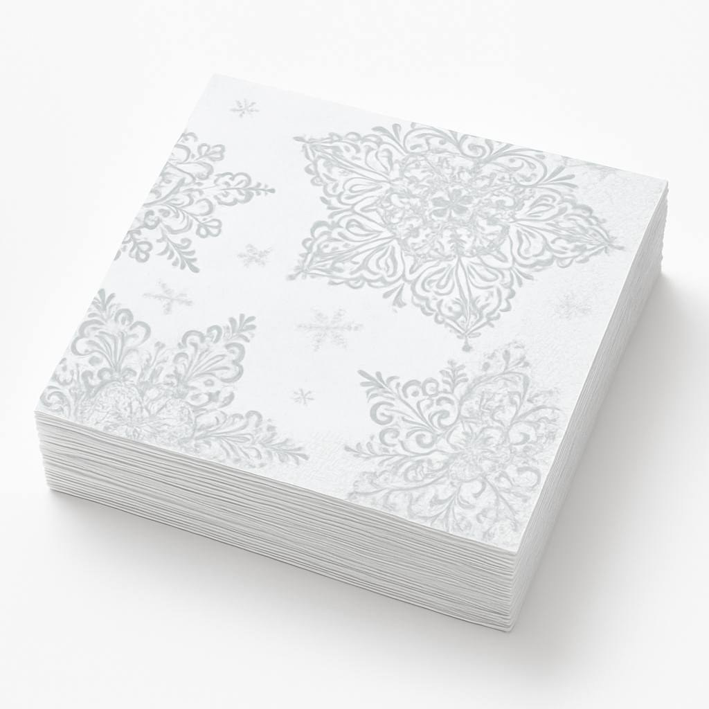 Square Paper Disposable Beverage Napkins, Silver/White, Snow Flake, 5-in, 125-pk, 2-ply, for Christmas/Winter Party