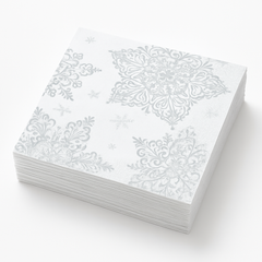 Square Paper Disposable Beverage Napkins, Silver/White, Snow Flake, 5-in, 125-pk, 2-ply, for Christmas/Winter Party