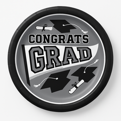 "Congrats Grad" Silver Graduation Party Plates, 8.5-Inch, 20-Pack