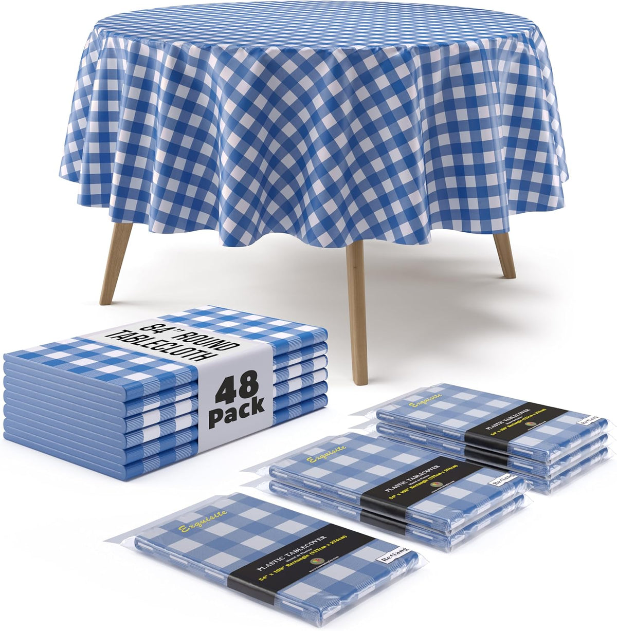 Round Blue Gingham Plastic Table Cover - 84 in. | Case of 48