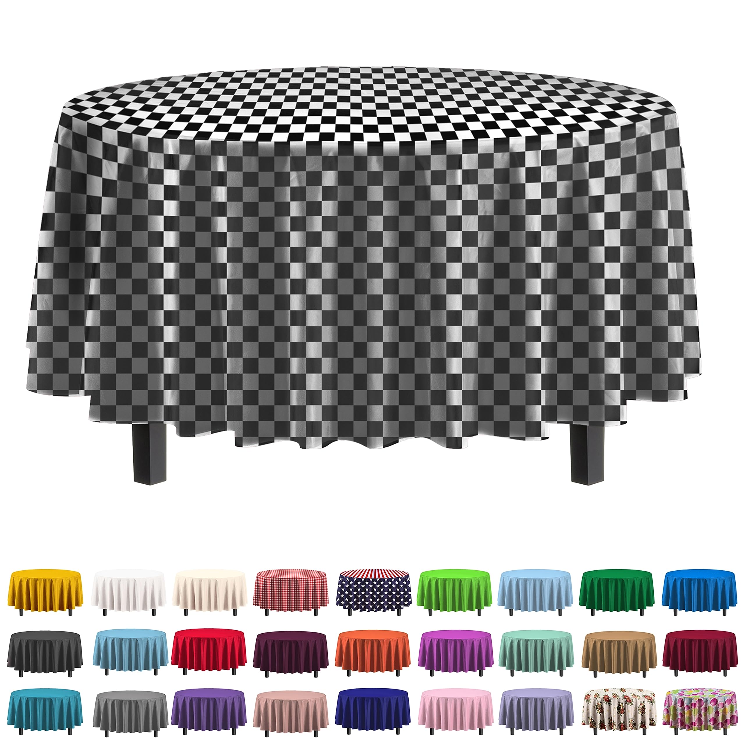 84 In. Round Black/White Checkered Plastic Table Cover | Case of 48