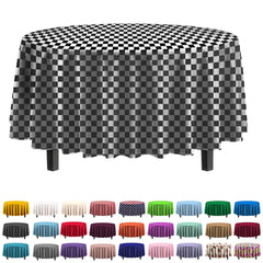 84 In. Round Black/White Checkered Plastic Table Cover | Case of 48
