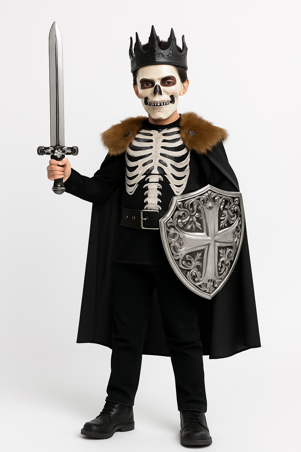 Kids' Dark Knight Skeleton Halloween Costume with Cape & Crown