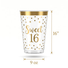 Sweet 16 Metallic Gold Plastic Cups, 9oz, 30 Pack