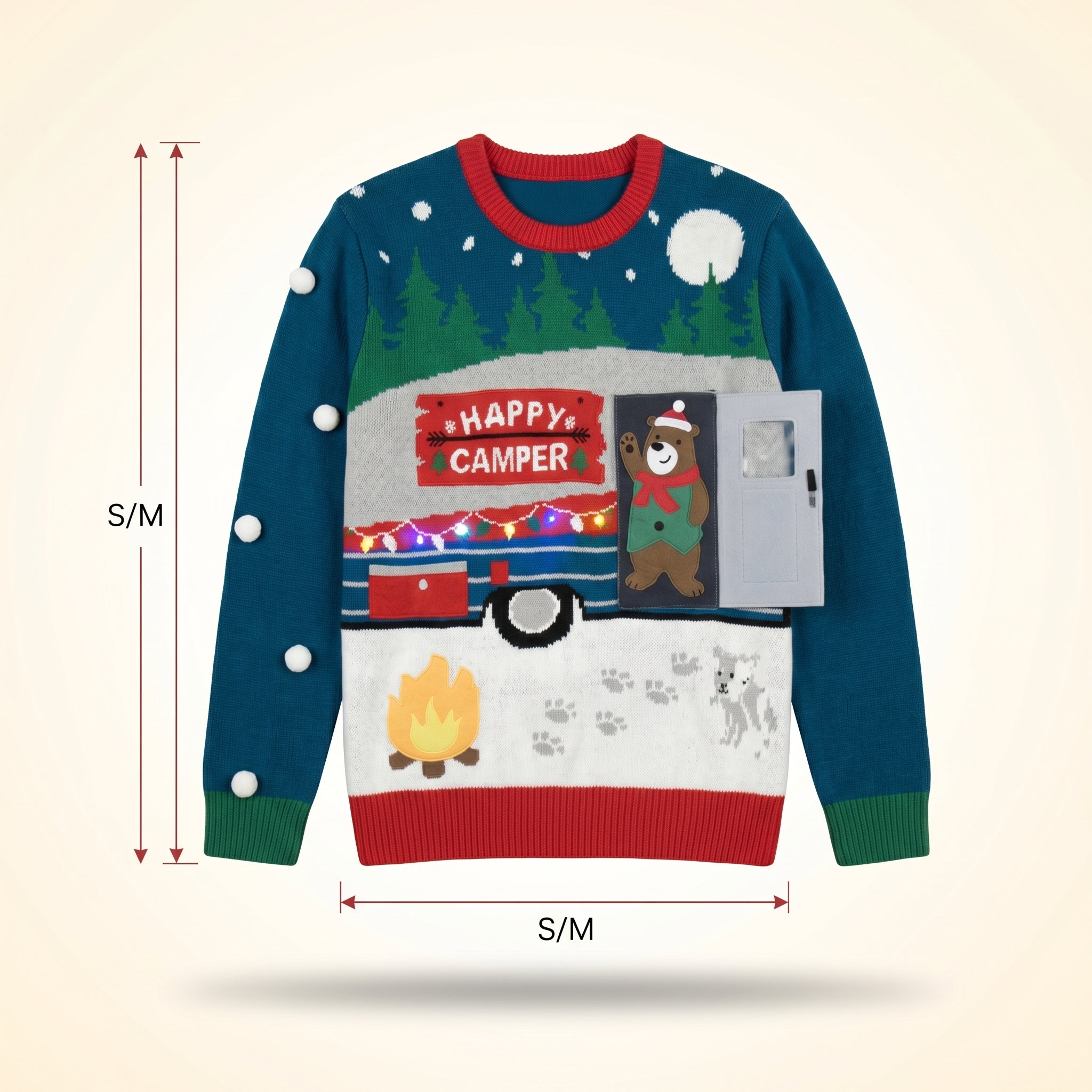Ugly Christmas Sweater Women Pullover - Light Up Happy Camper Interactive Holiday Sweater with LED Lights, Bear Flap, 3D Details - Adult S/M