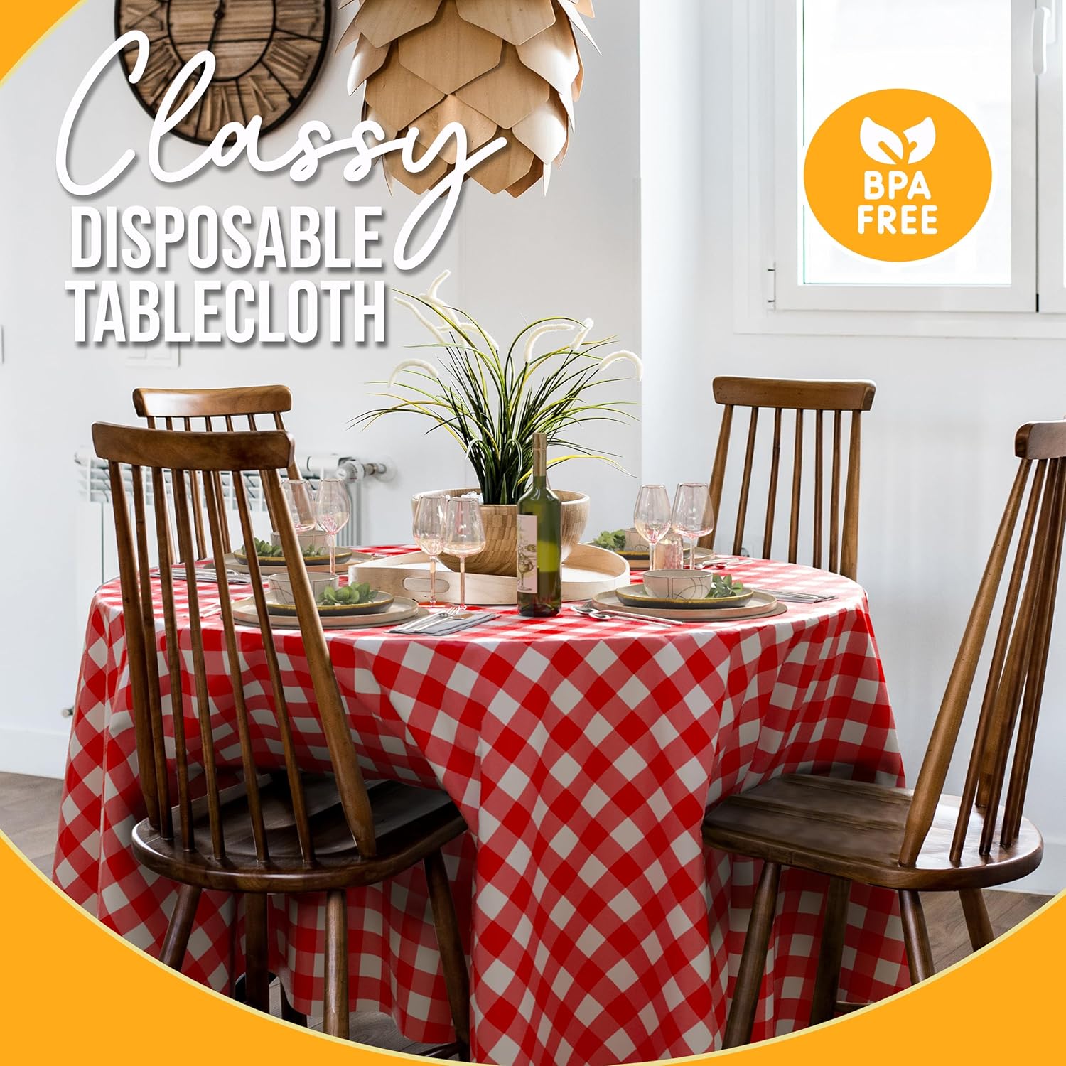 Round Red Gingham Plastic Table Cover - 84 in.