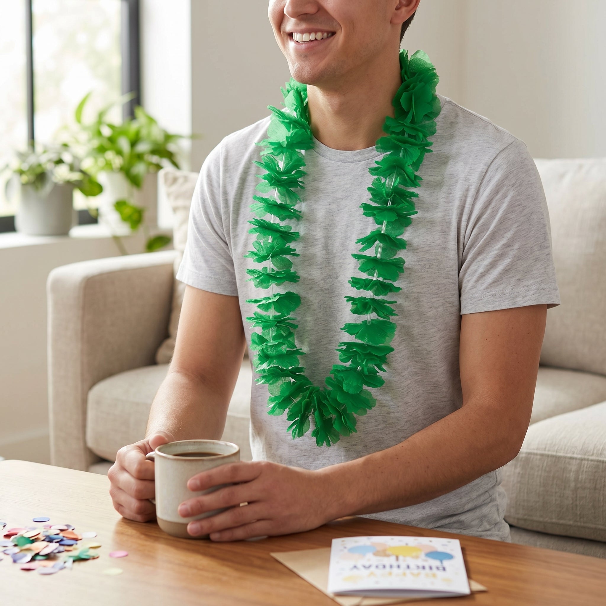 St. Patrick's Day Lei Necklace - Green Shamrock Party Accessory, Full Lightweight Irish Costume Necklace, 40 Inch