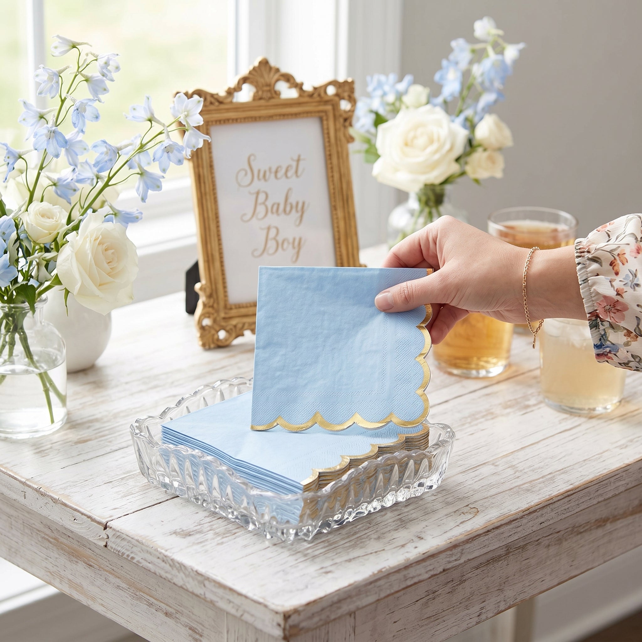 Scalloped Edge Beverage Napkins - Ice Blue with Gold Foil Border, Decorative Cocktail Napkins for Baby Shower, Birthday, Tea Party, Christening - 5 In. X 5 In.