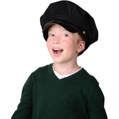 Child wearing black newsboy cap and dark green sweater