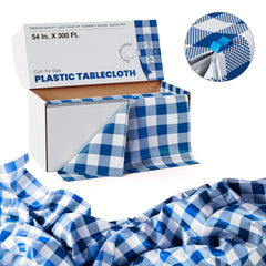 54 In. x 300 Ft. Cut to Size Plastic Table Cover  | Blue Gingham | Case of 4